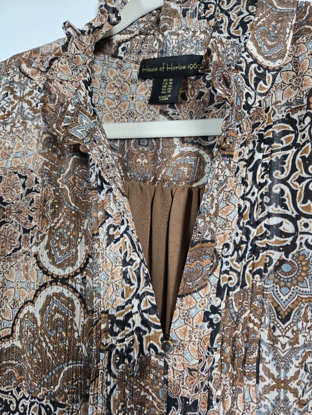 House Of Harlow 1960 Brown Tan Boho Paisley Sparkle Chiffon Peplum Dress Size 10 - Picture 5 of 16